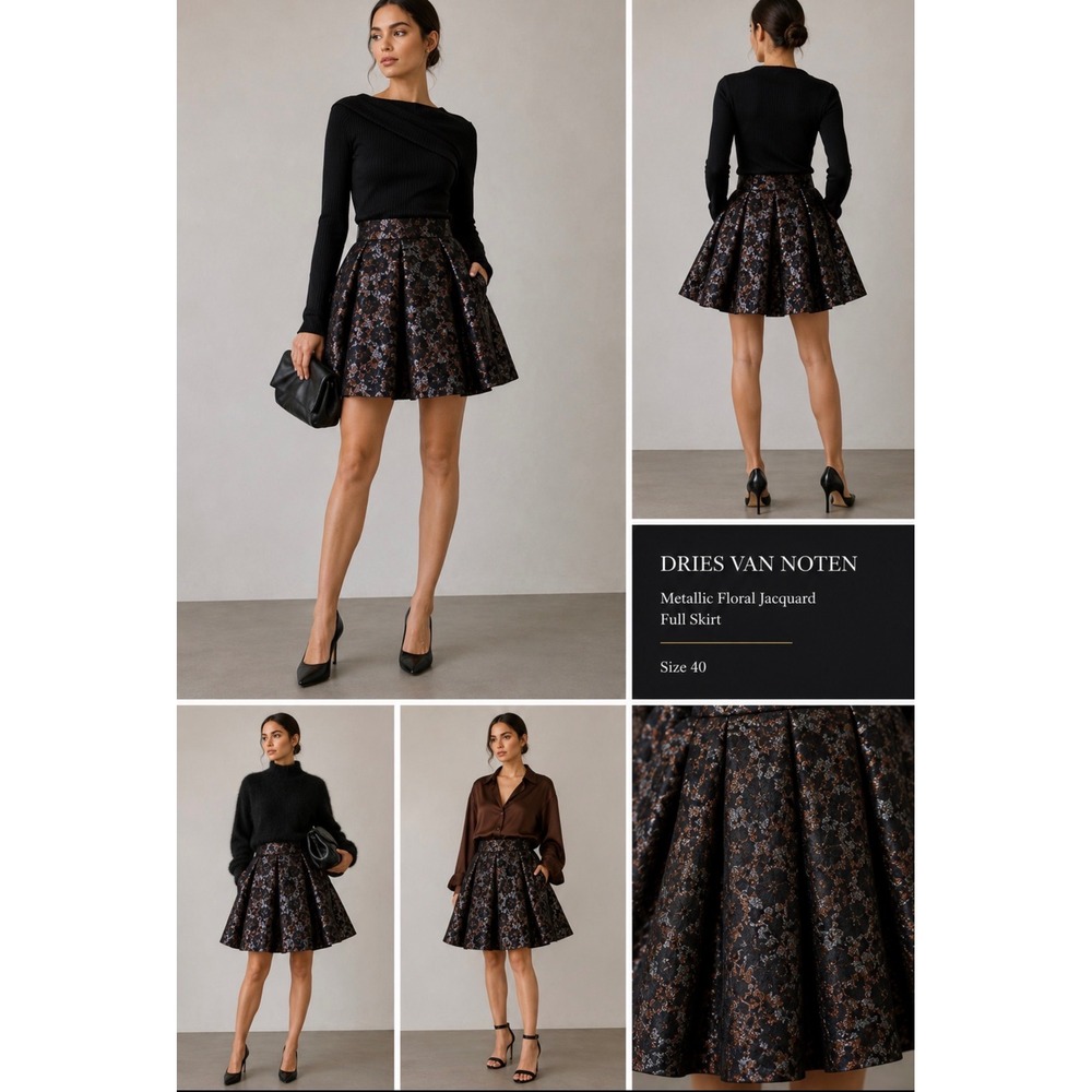 Dries Van Noten Metallic Jacquard Midi Skirt Black‎ Bronze Pleated Size 40